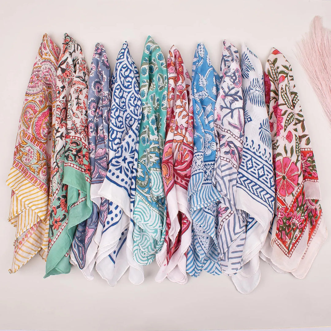 10pcs Hand Block Printed Cotton Bandanas for Men & Women, Organic Bandana Accessory, Summer Gift Accessory