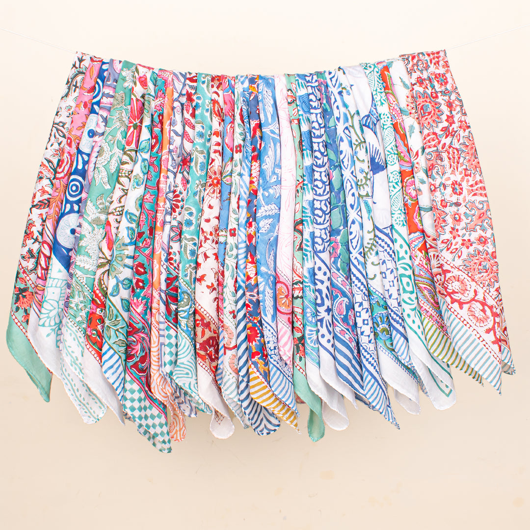 Set of 90 - Handmade Cotton Bandana, Cotton Face Scarf, Organic Block Printed Boho Wrap, Floral Design For All