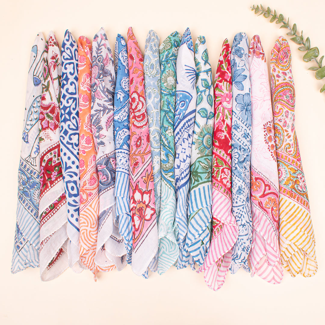 Set of 90 - Handmade Cotton Bandana, Cotton Face Scarf, Organic Block Printed Boho Wrap, Floral Design For All