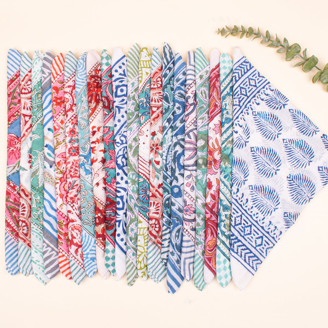 Set of 90 - Handmade Cotton Bandana, Cotton Face Scarf, Organic Block Printed Boho Wrap, Floral Design For All