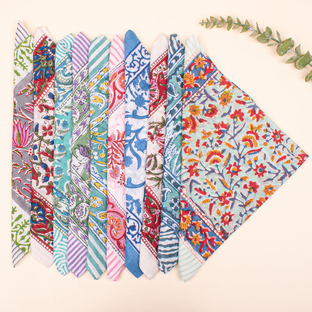 65 Piece - Organic Cotton Bandana, Block Printed Cotton Bandana, Lightweight Scarf, Boho Hair Or Neck Wrap, Eco-Friendly Gift