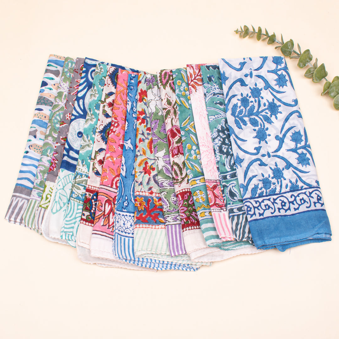 60 piece - Block Printed Paisley & Floral Scarf, Handmade Hair Or Neck Wrap, Unisex Sustainable Fashion Gift, Organic Cotton Bandana
