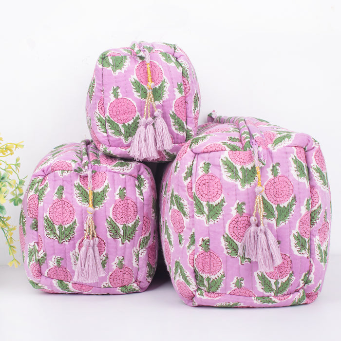 Quilted Wash Bag, Indian Handmade Floral Print Cosmetic Organizer, Hand Block Travel bag, Vanity Case, Travel bag