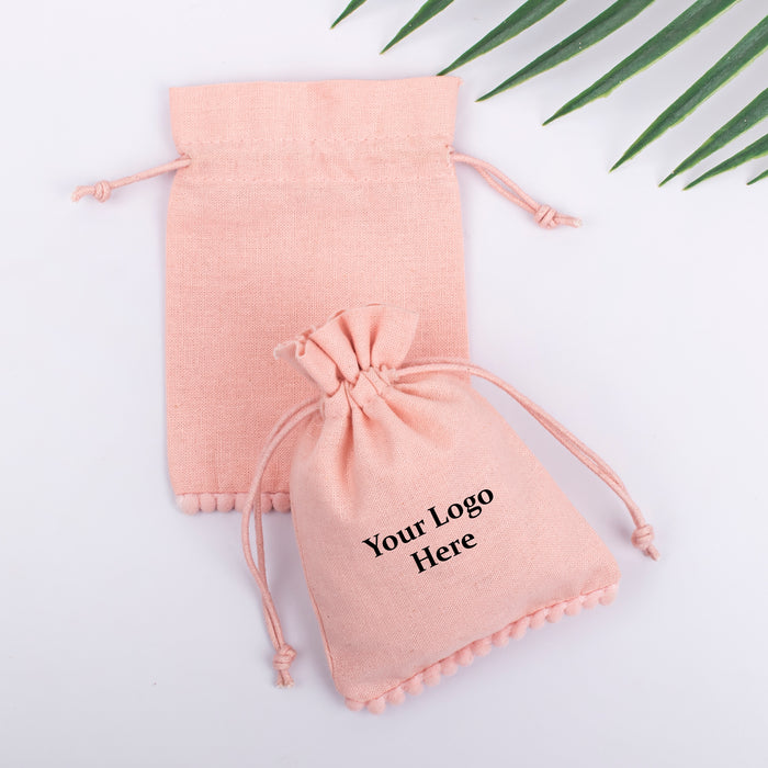 Peach Bottom PomPom Custom Jewerly Packaging Pouch Logo Personalized Drawstring Bag Small Wedding Favor