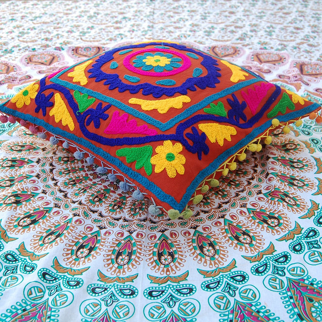 Suzani Embroidered Cushion Cover Cotton Pillow Cover-Craft Jaipur