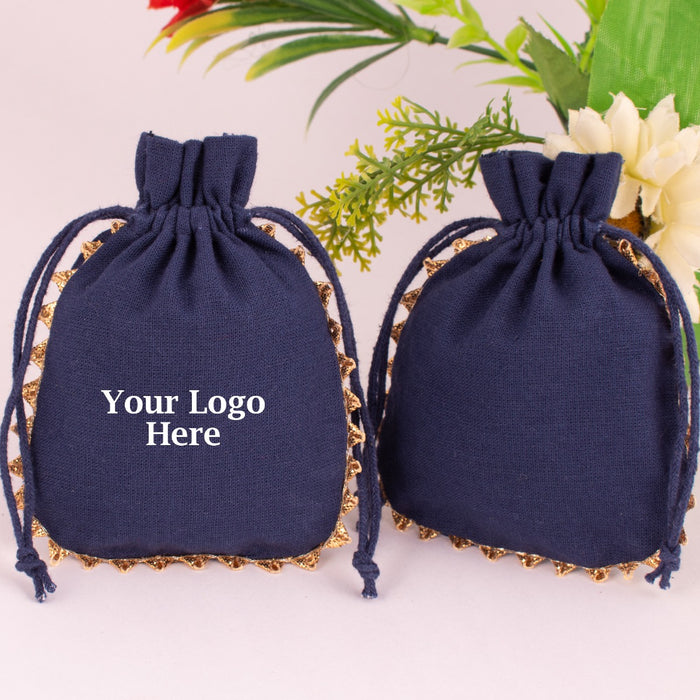 Designer Drawstring Jewelry packaging Pouch Custom Cotton Wedding Favor Gift Bags (Pack Of 100, Navy Blue)