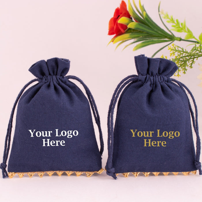 Designer Drawstring Eco Friendly Jewelry packaging Pouch Custom Cotton Wedding Favor, Gift Package (Pack Of 100, Navy Blue)