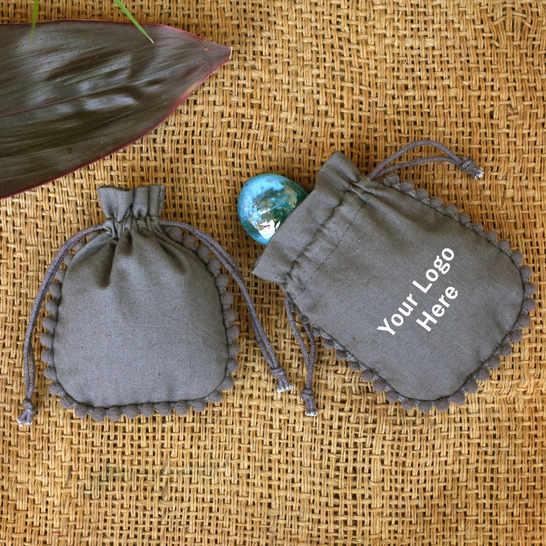 Small Gray Cotton Jewelry Pouches, Handmade Indian Storage Bags, Round PomPom Packaging Bags β CraftJaipur