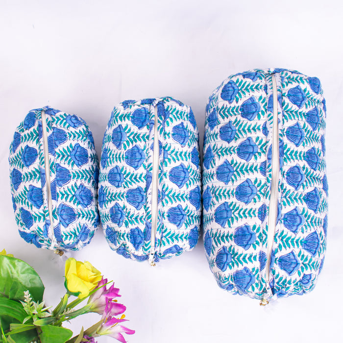 Blue Floral Block Print Toiletry Bag, Kantha Pouch, Make Up Or Cosmetic Bag, Utility Pouch