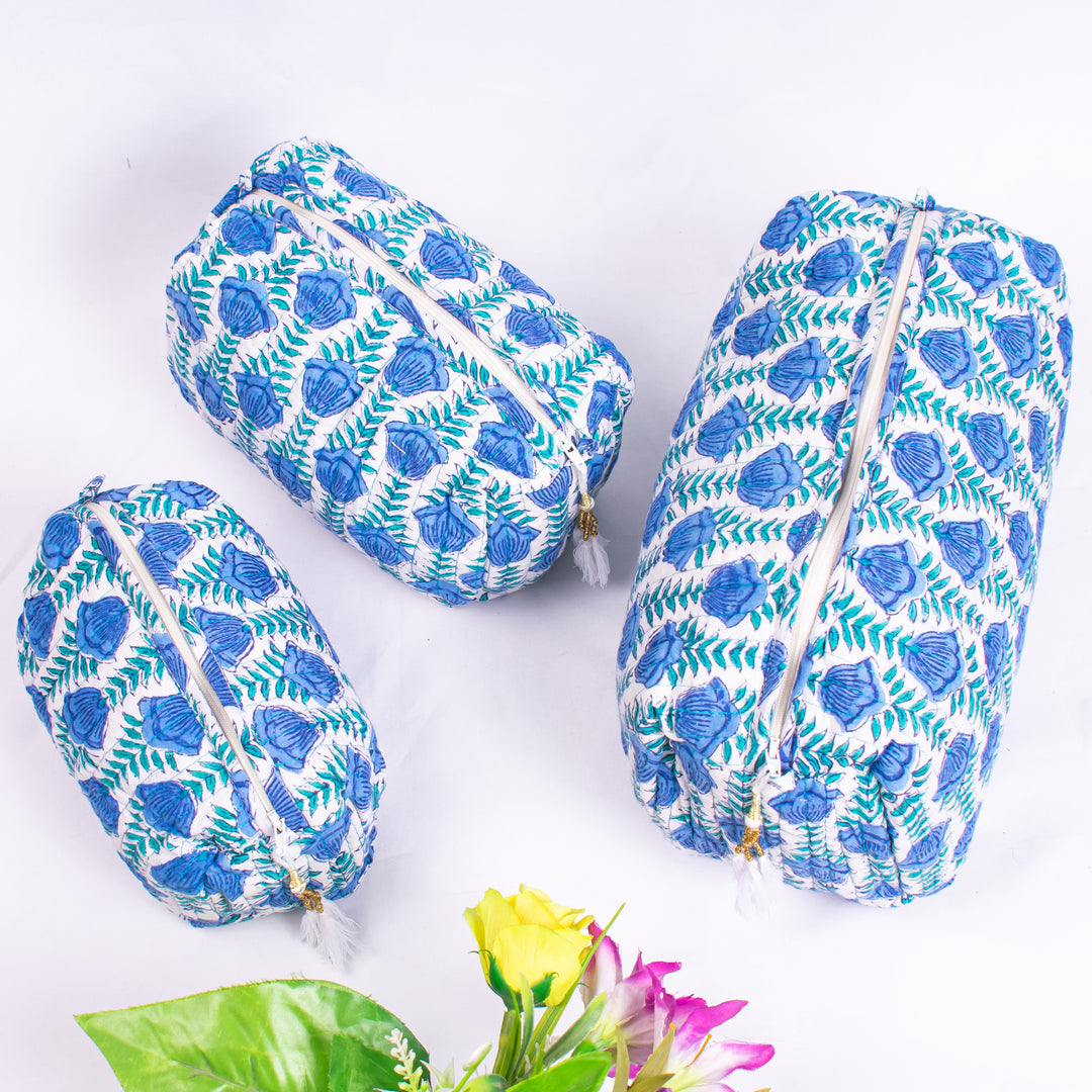 Blue Floral Block Print Toiletry Bag, Kantha Pouch, Make Up Or Cosmetic Bag, Utility Pouch