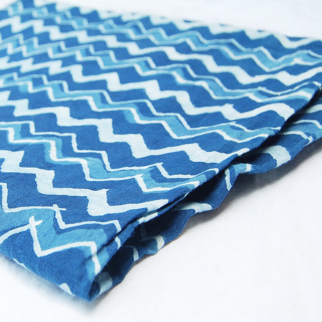 Handmade Indigo Zig Zag Block Printed Indian Cotton Fabric