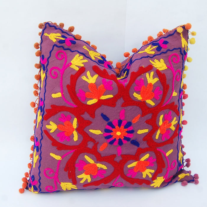Indian Suzani Floral Embroidery Cushion Cover Decorative - CraftJaipur