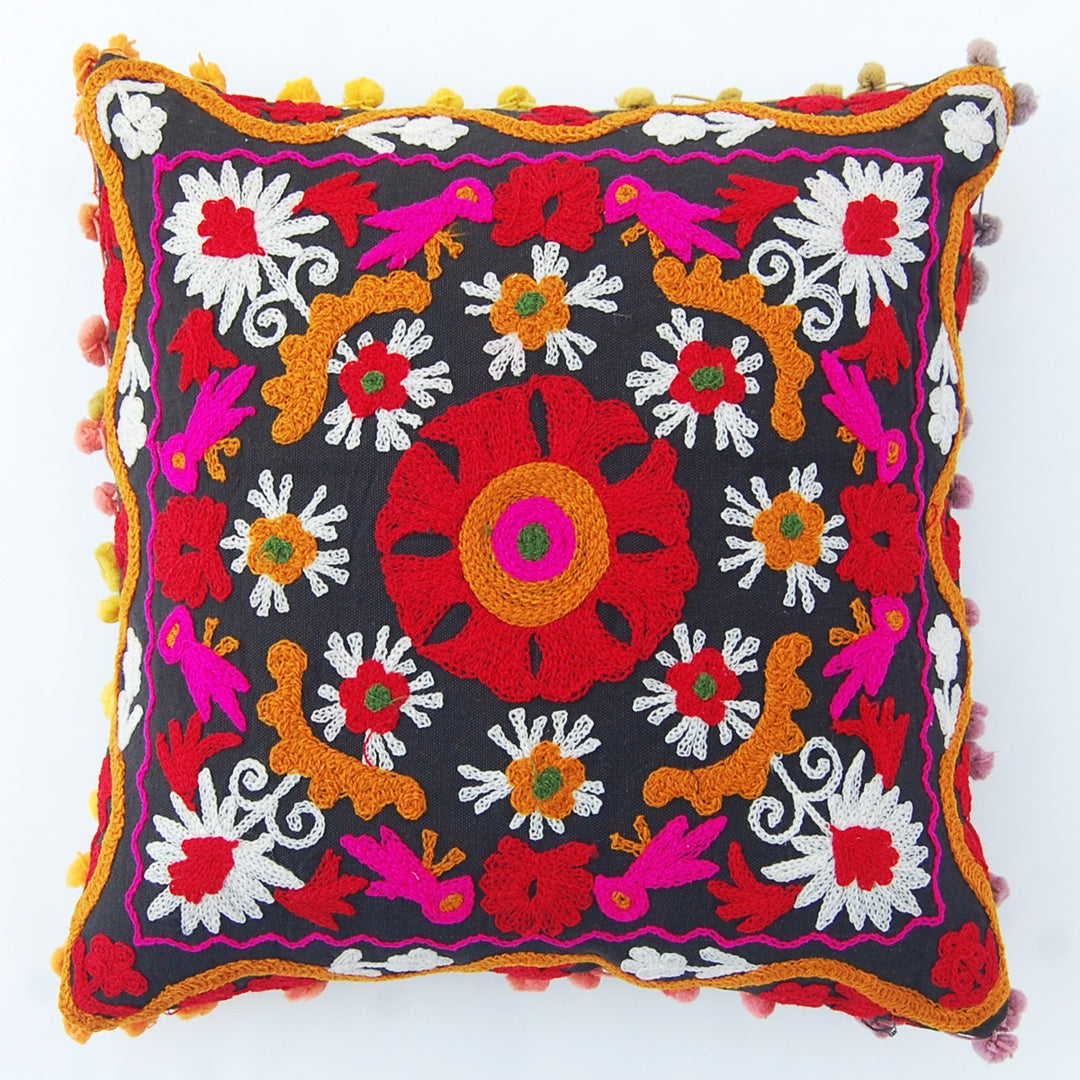 Pom Pom Vintage Suzani Cushion Cover Embroidery Pillows - CraftJaipur