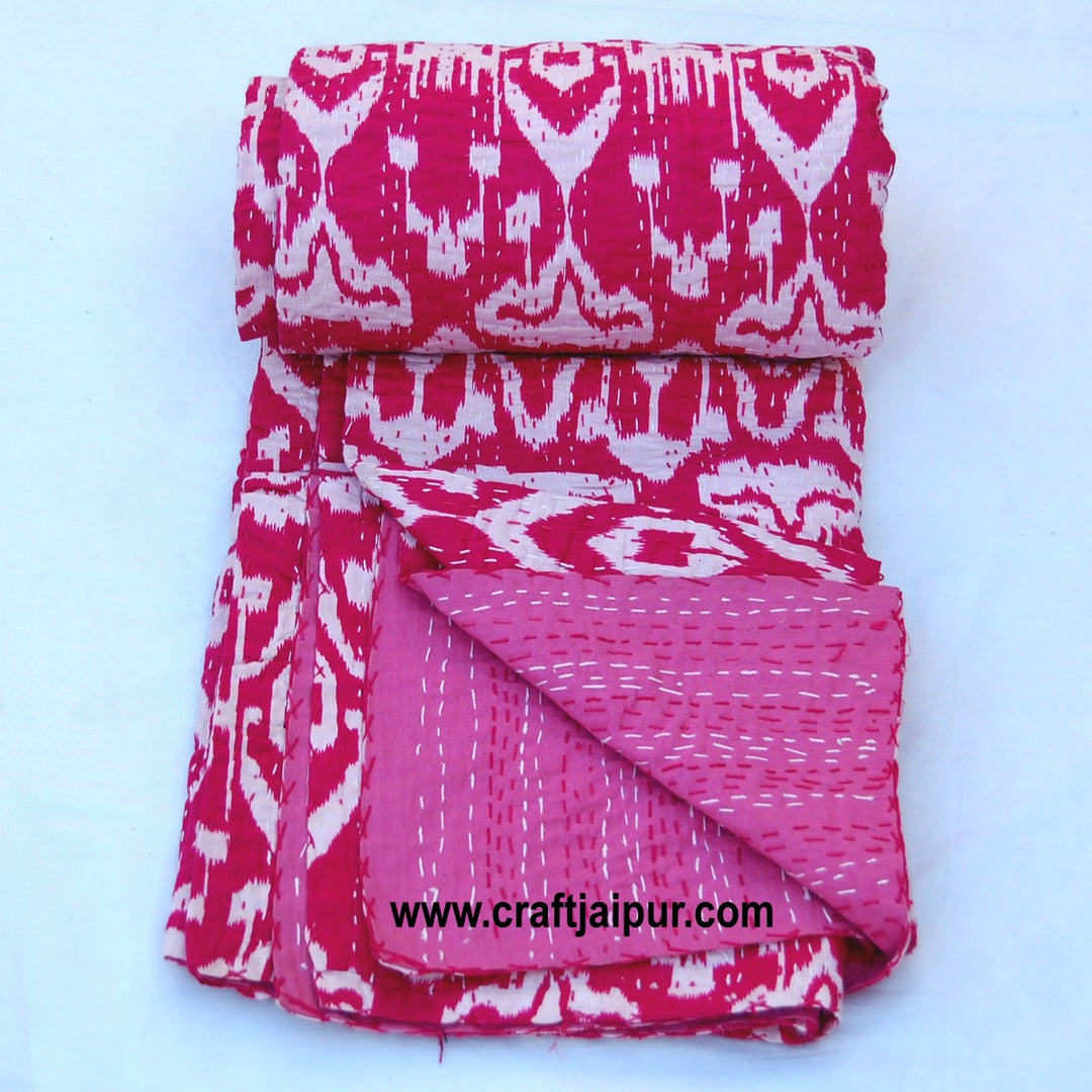 Indian Queen Size Kantha Quilt, Floral Printed Gudri, Handmade Bedspread Throw