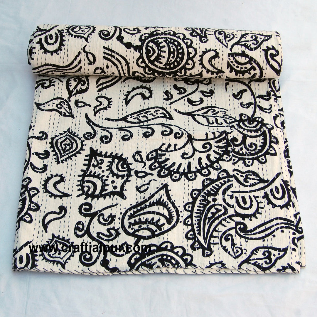 Indian Floral Printed Gudari, Handmade Kantha Quilt Throw Blanket