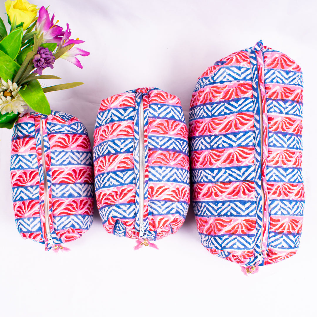Assorted hand Block Printed Large Toiletry Bag, Waterproof Wash Bag, Makeup Bag, Cosmetic Bag, Travel Bag with Pockets - CraftJaipur