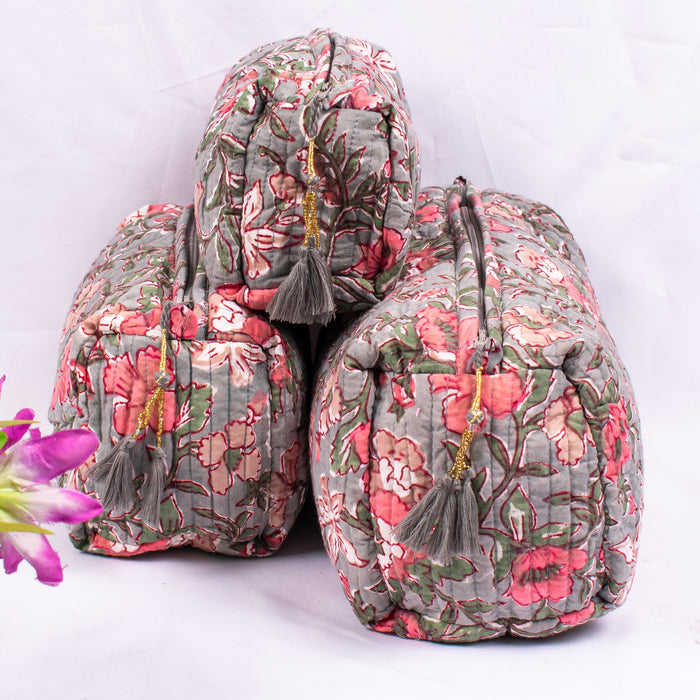 Quilted Wash Bag, Handmade Floral Print Cosmetic Organizer, Indian Hand Block Travel bag, Vanity Case, Travel bag - CraftJaipur