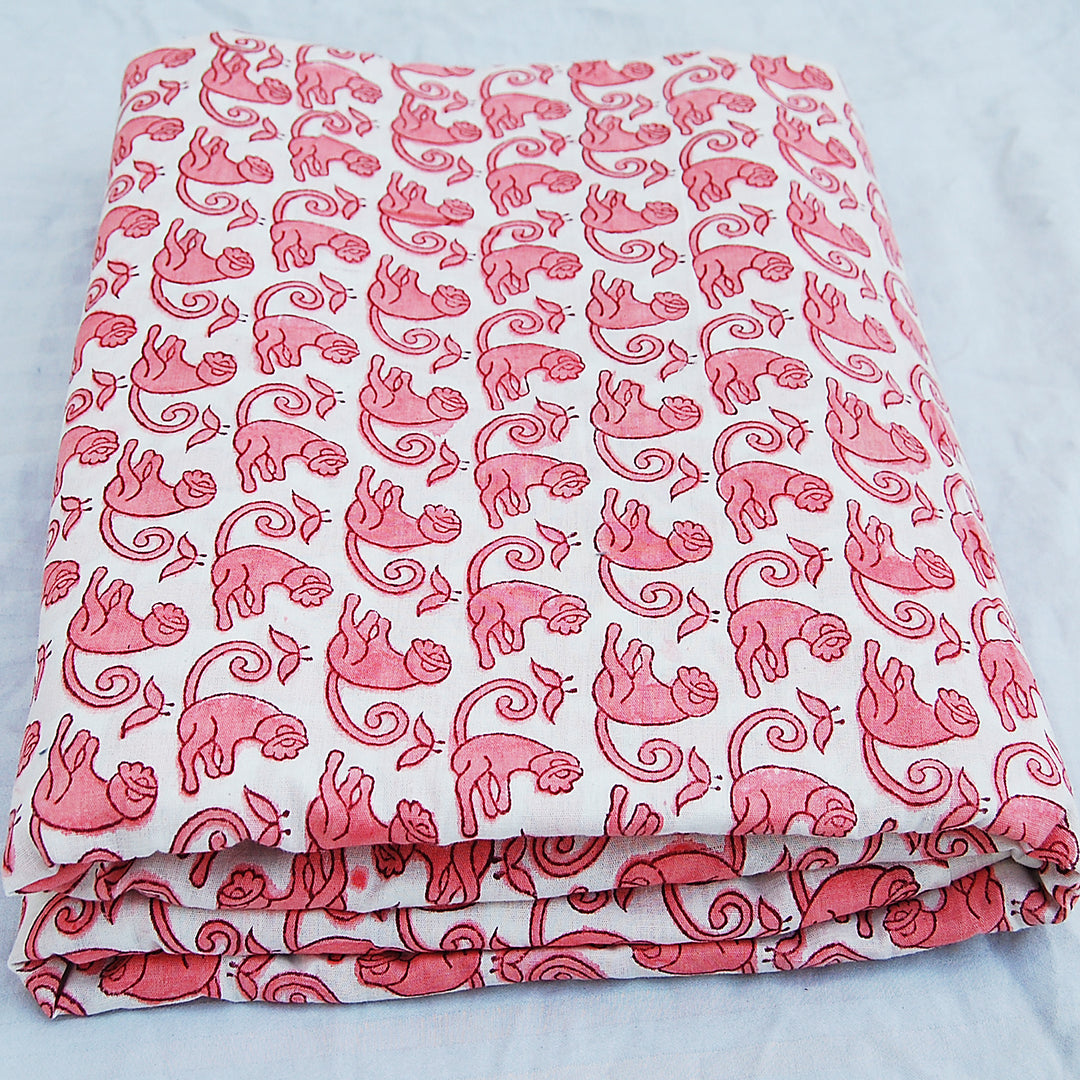 Natural Cotton Handmade Red Monkey Block Printed Voile Fabric