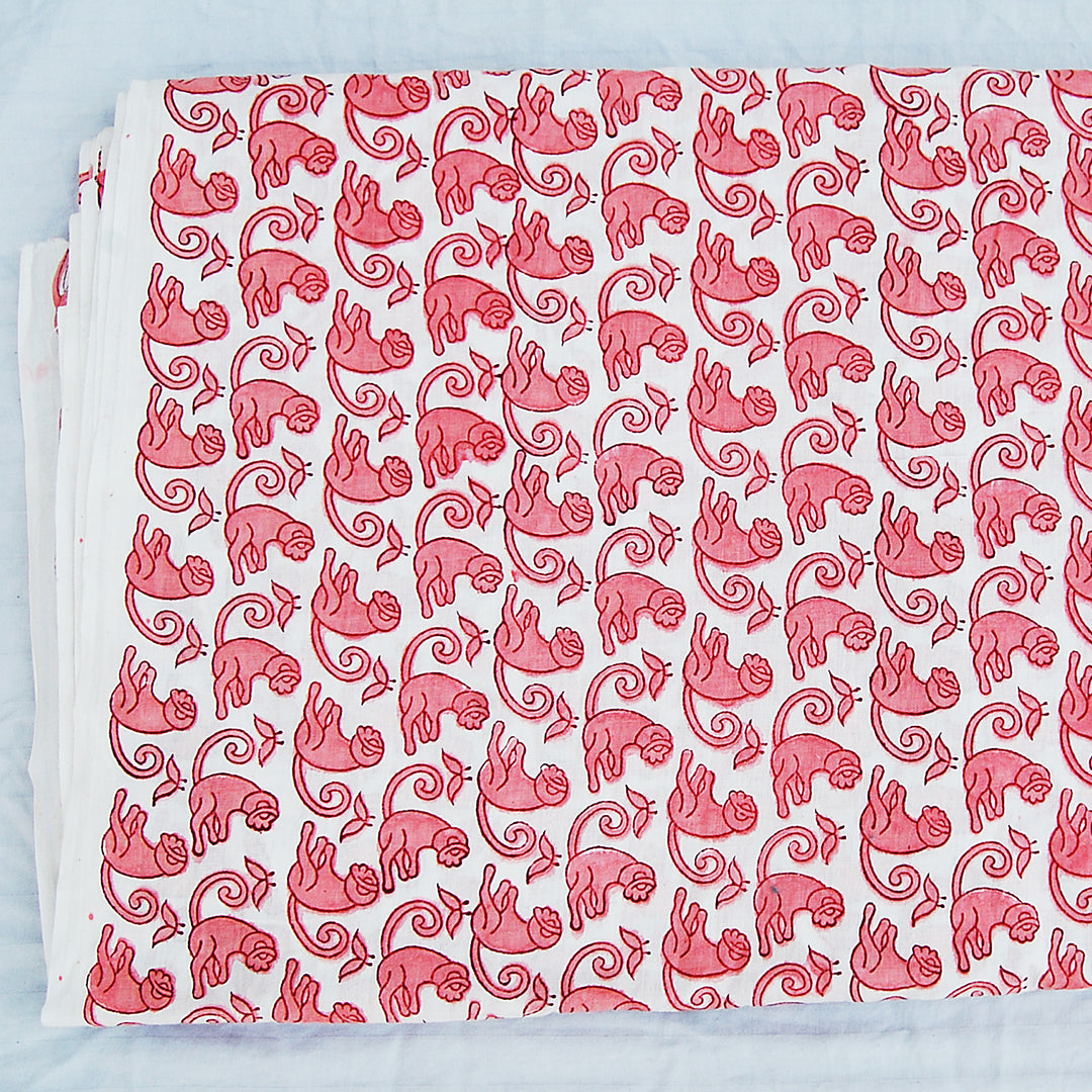 Natural Cotton Handmade Red Monkey Block Printed Voile Fabric