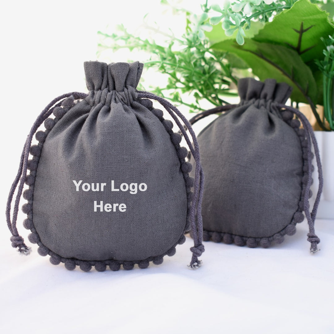Set Of 100 Designer Grey Drawstring Pouches, Custom Jewelry Bag