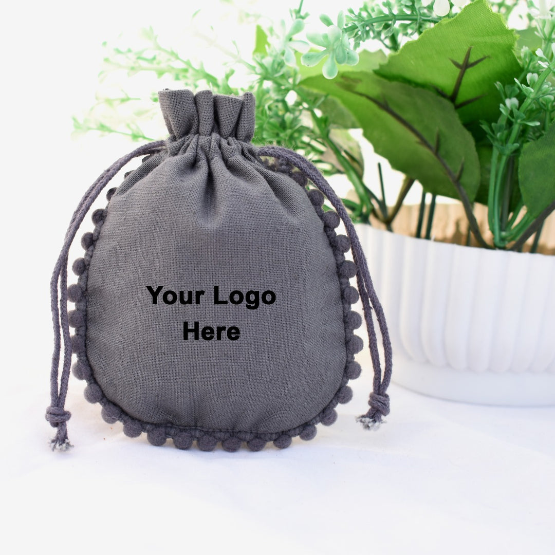 Set Of 100 Designer Grey Drawstring Pouches, Custom Jewelry Bag