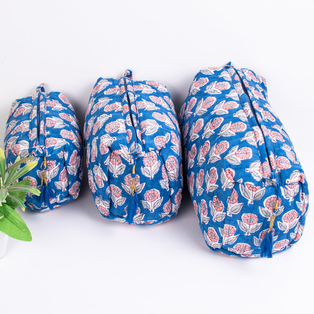 Indian Cotton Floral Hand Block Print Toiletry Bag,Travel bag,Make up Pouch,Quilted Wash Bag,Shaving Kit, Vanity Case - CraftJaipur