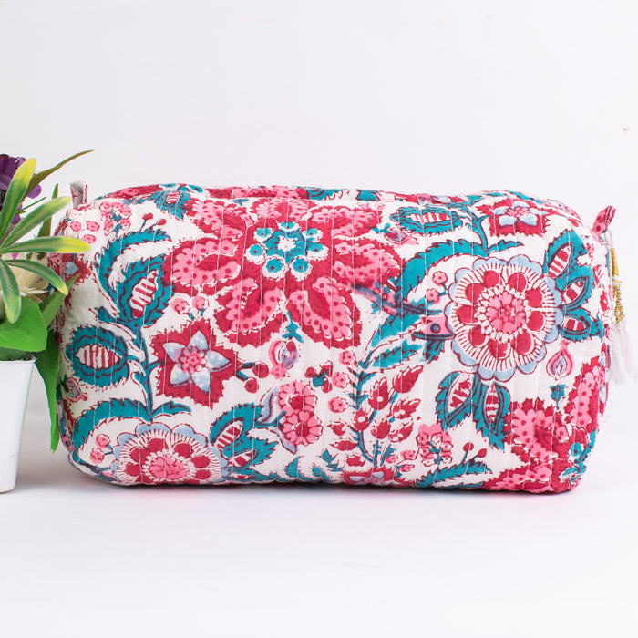 Hand Block Print Toiletry Bag, Quilted Wash Bag, Cosmetic Pouch, Travel bag, Makeup Bag, Gift For Her - CraftJaipur