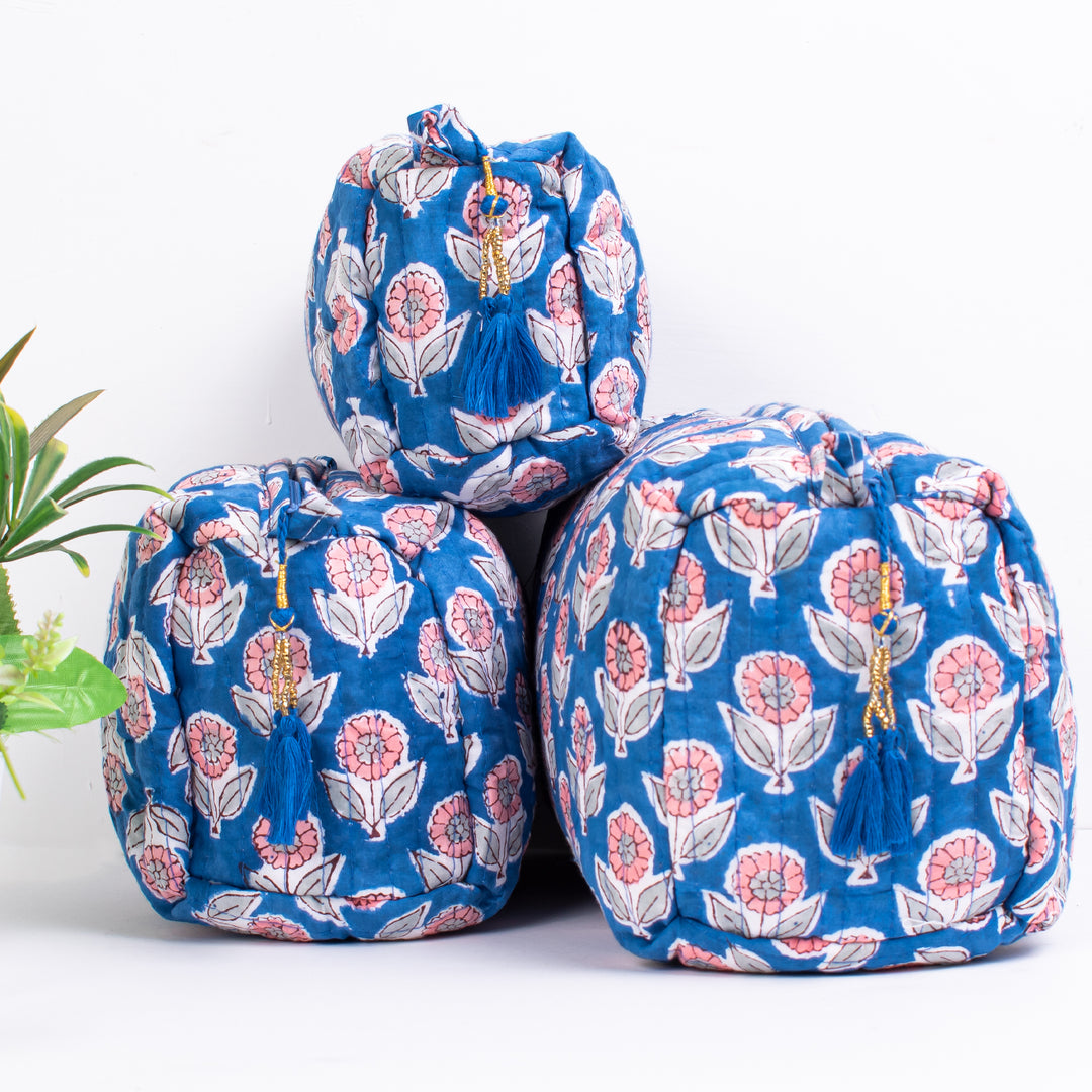 Indian Cotton Floral Hand Block Print Toiletry Bag,Travel bag,Make up Pouch,Quilted Wash Bag,Shaving Kit, Vanity Case - CraftJaipur