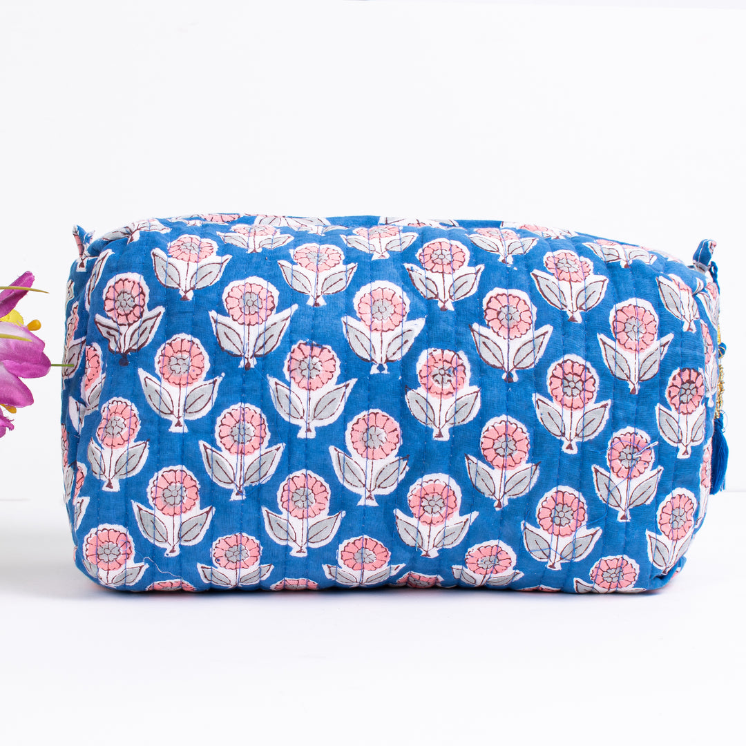 Indian Cotton Floral Hand Block Print Toiletry Bag,Travel bag,Make up Pouch,Quilted Wash Bag,Shaving Kit, Vanity Case - CraftJaipur