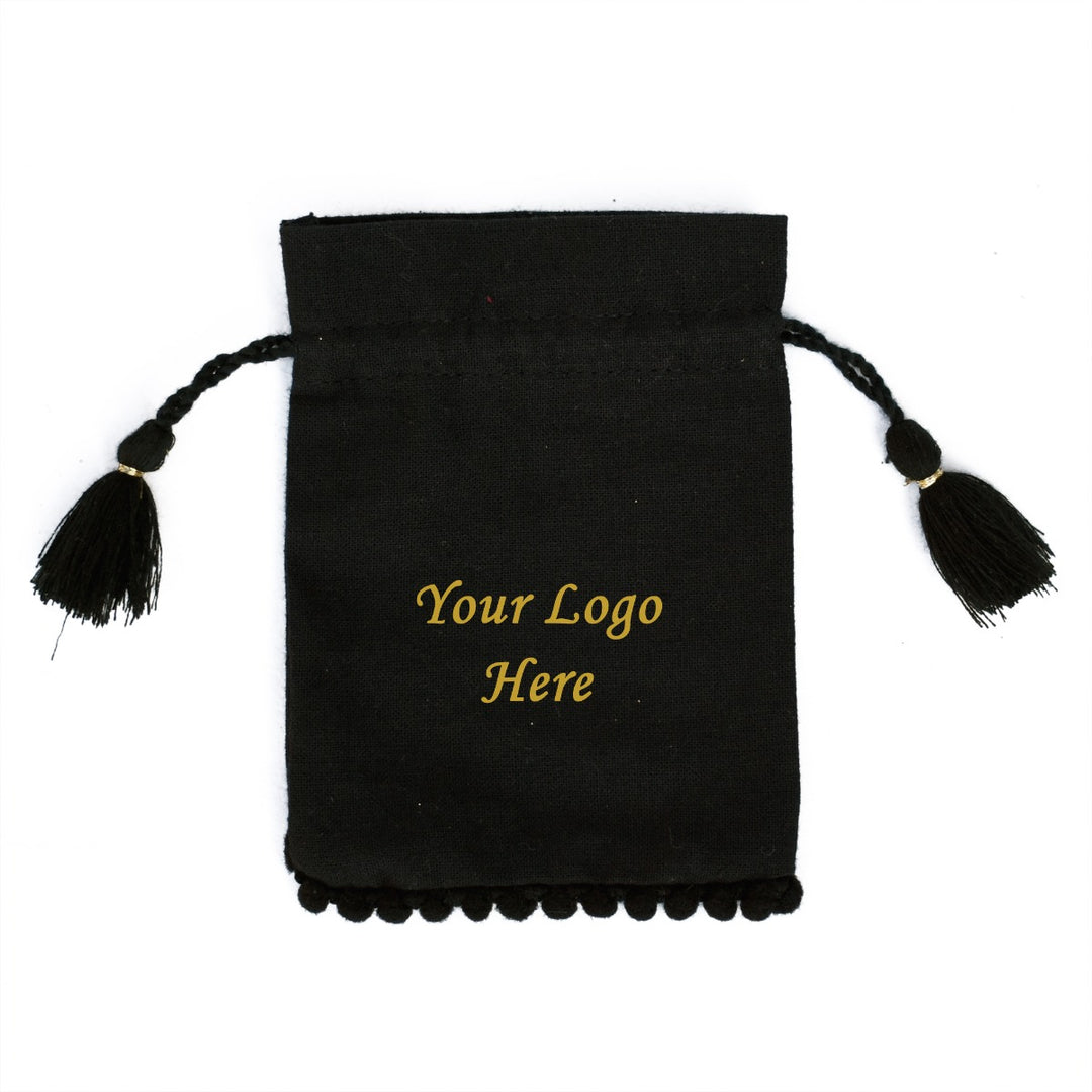 Personalized Jewelry Pouches Small Black Storage Drawstring Bags Designer Bags with Bottom PomPom Lace β CraftJaipur
