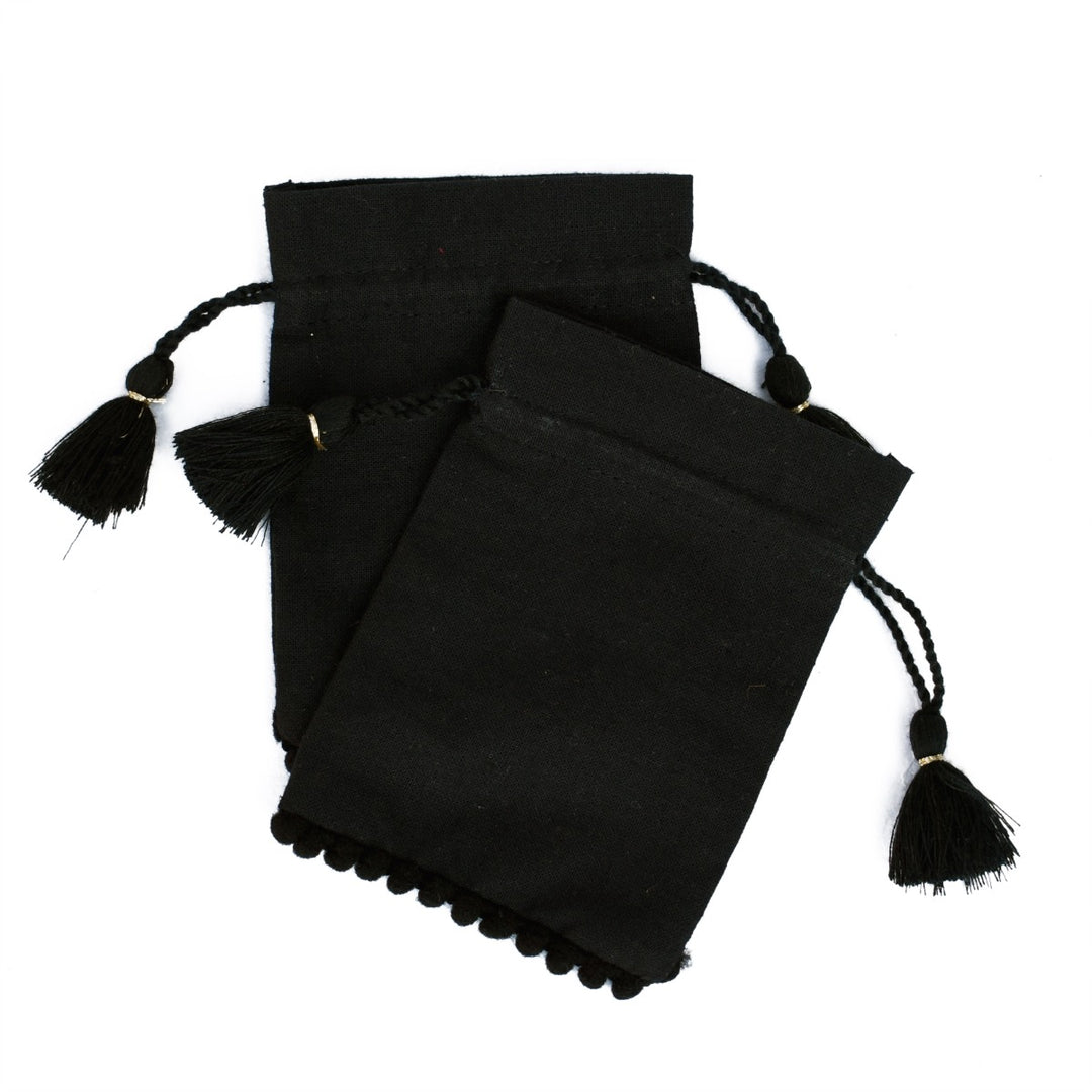 Personalized Jewelry Pouches Small Black Storage Drawstring Bags Designer Bags with Bottom PomPom Lace β CraftJaipur