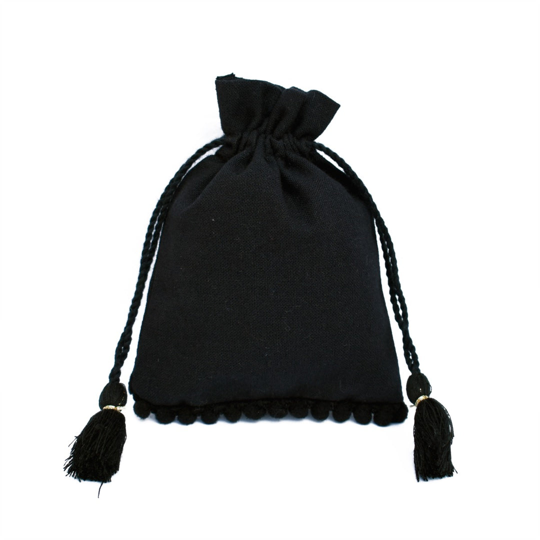 Personalized Jewelry Pouches Small Black Storage Drawstring Bags Designer Bags with Bottom PomPom Lace β CraftJaipur