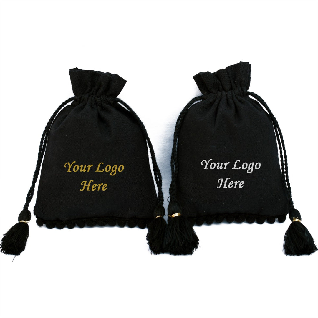 Personalized Jewelry Pouches Small Black Storage Drawstring Bags Designer Bags with Bottom PomPom Lace β CraftJaipur