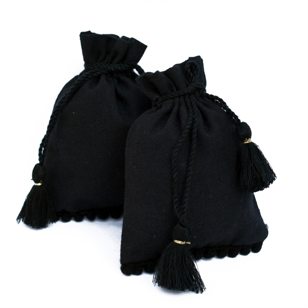 Personalized Jewelry Pouches Small Black Storage Drawstring Bags Designer Bags with Bottom PomPom Lace β CraftJaipur