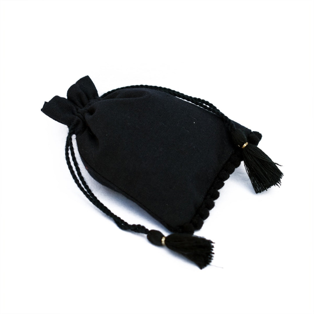 Personalized Jewelry Pouches Small Black Storage Drawstring Bags Designer Bags with Bottom PomPom Lace β CraftJaipur