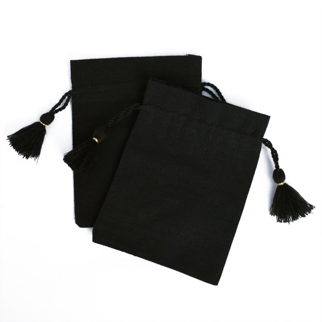 Small Drawstring Bags Unique Jewelry Packaging Black Pouches with Tassels Eco-friendly Bags- CraftJaipur