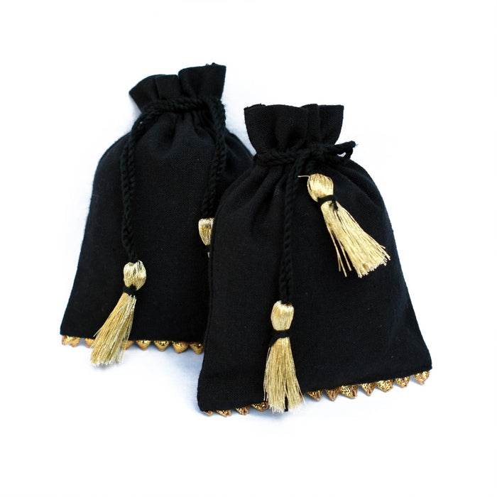 Handmade Indian Cotton Jewelry Pouch Black, Small Wedding Gift Bags - CraftJaipur