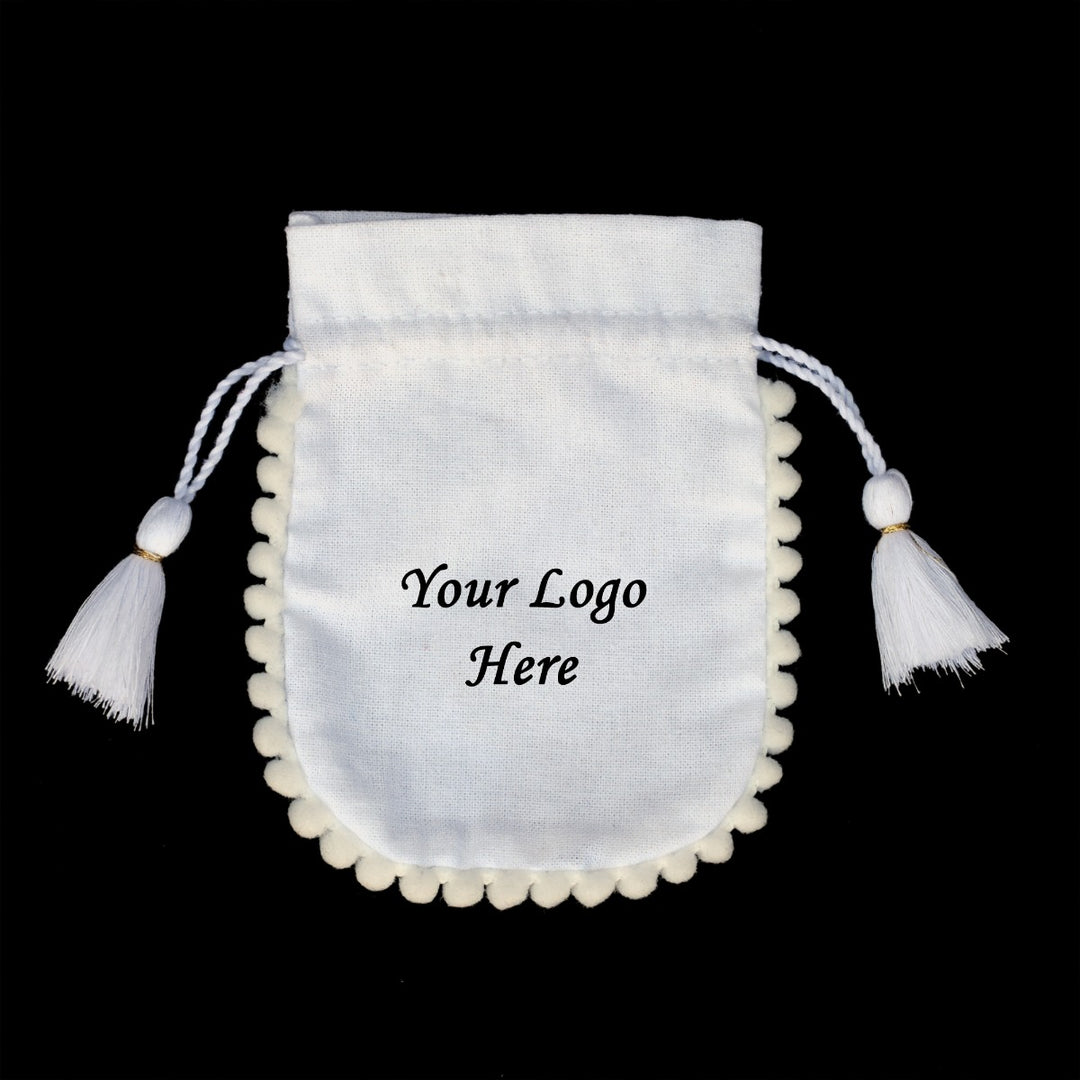 White Designer Jewelry Pouches with Custom Logo, Drawstring Packaging Pouch with PomPom 100 pcs β CraftJaipur