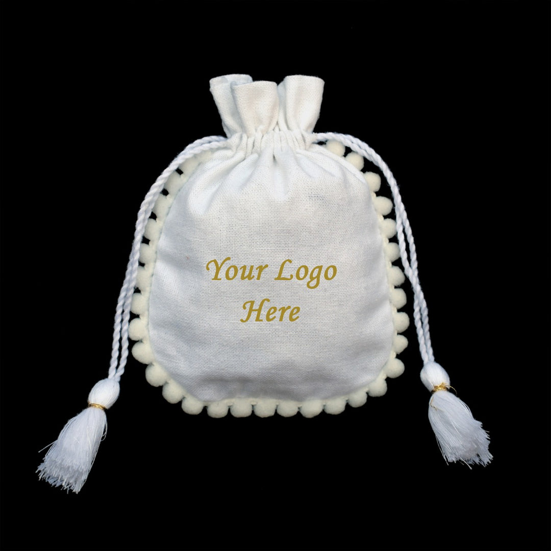 White Designer Jewelry Pouches with Custom Logo, Drawstring Packaging Pouch with PomPom 100 pcs β CraftJaipur