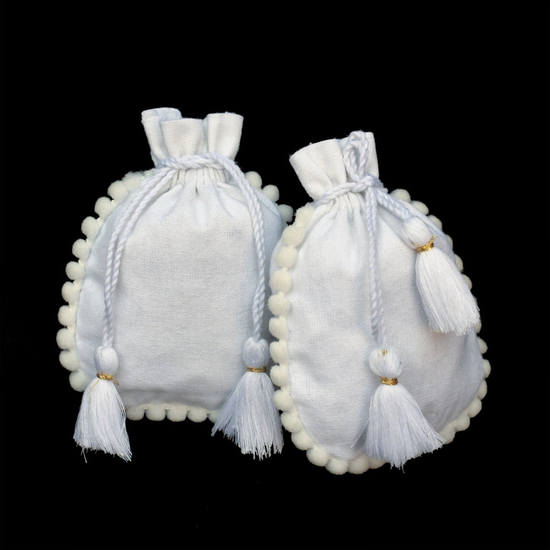 White Designer Jewelry Pouches with Custom Logo, Drawstring Packaging Pouch with PomPom 100 pcs β CraftJaipur