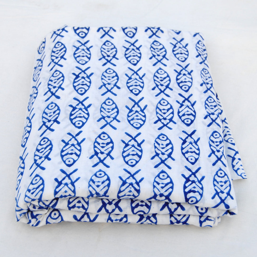 Indigo Fish Block Printed Indian Cotton Dress Sewing Fabric - CraftJaipur