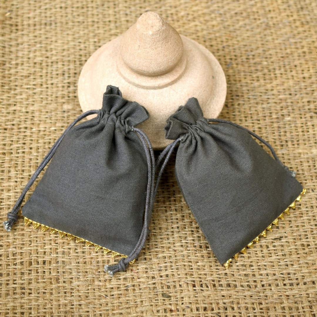 Personalized Logo Small Bags Drawstring Pouches Bottom Gold Lace Handmade Jewelry Grey Pouches β CraftJaipur