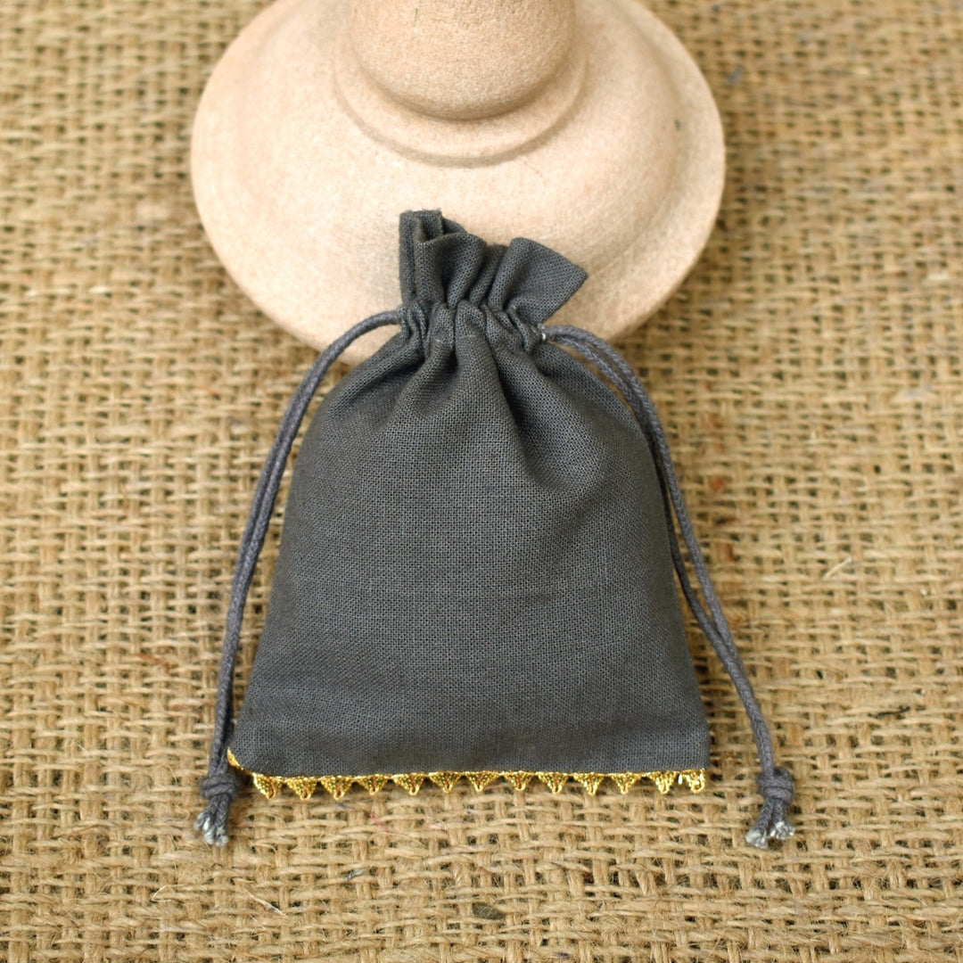 Personalized Logo Small Bags Drawstring Pouches Bottom Gold Lace Handmade Jewelry Grey Pouches β CraftJaipur