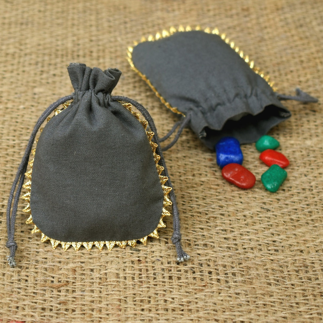 Custom Drawstring Bags Personalized Logo Small Bags Round Gold Lace Handmade Jewelry Grey Pouches β CraftJaipur
