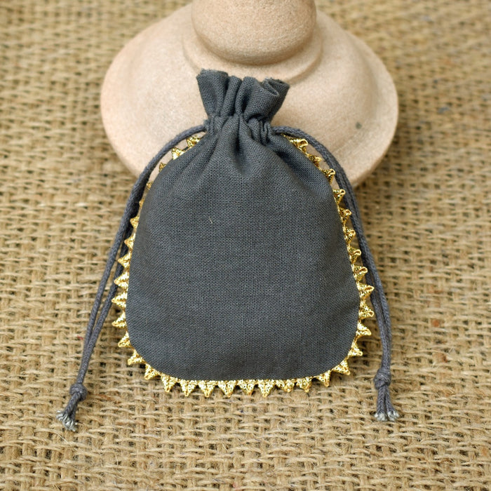Personalized Logo Small Bags Round Gold Lace Handmade Jewelry Grey Pouches - CraftJaipur