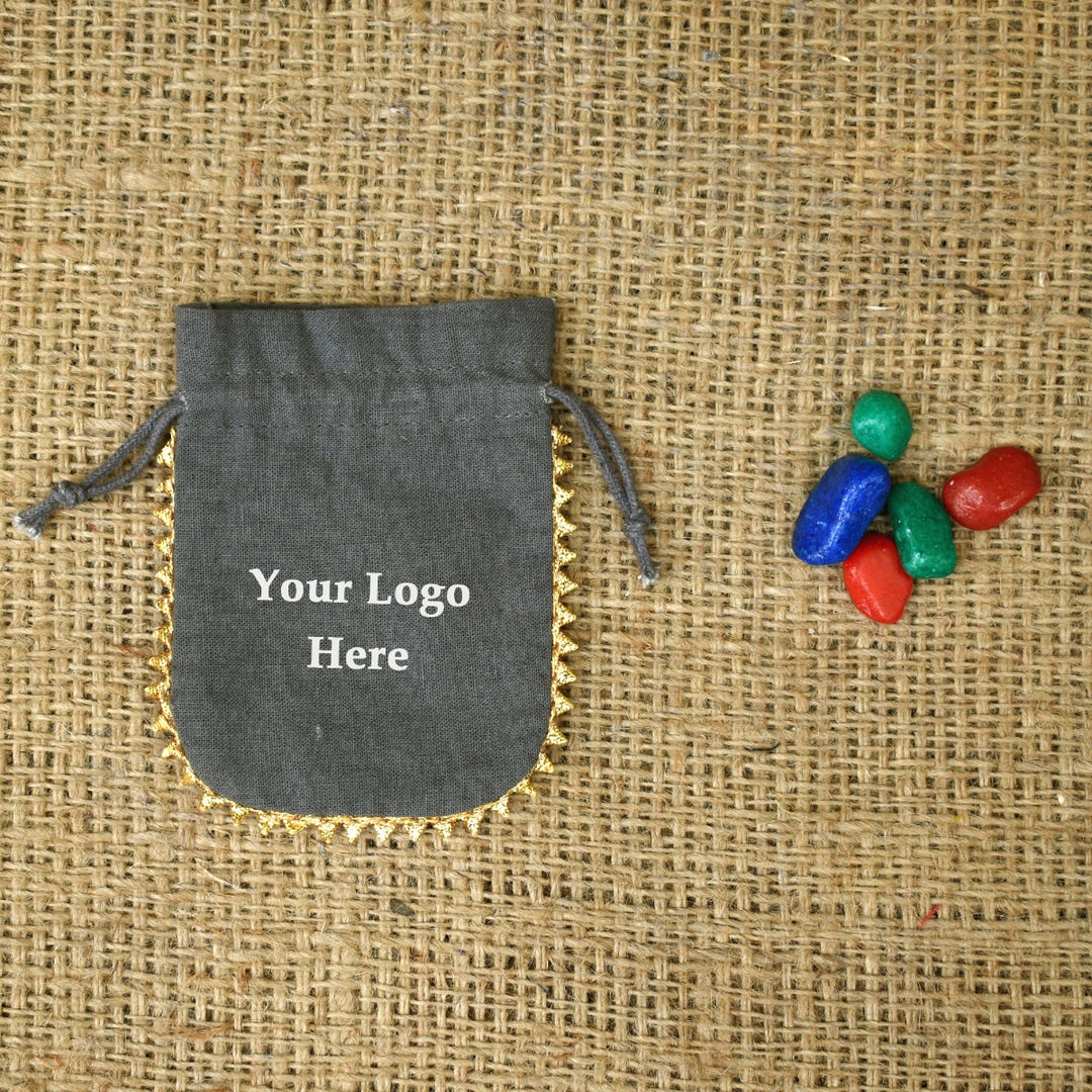 Custom Drawstring Bags Personalized Logo Small Bags Round Gold Lace Handmade Jewelry Grey Pouches β CraftJaipur