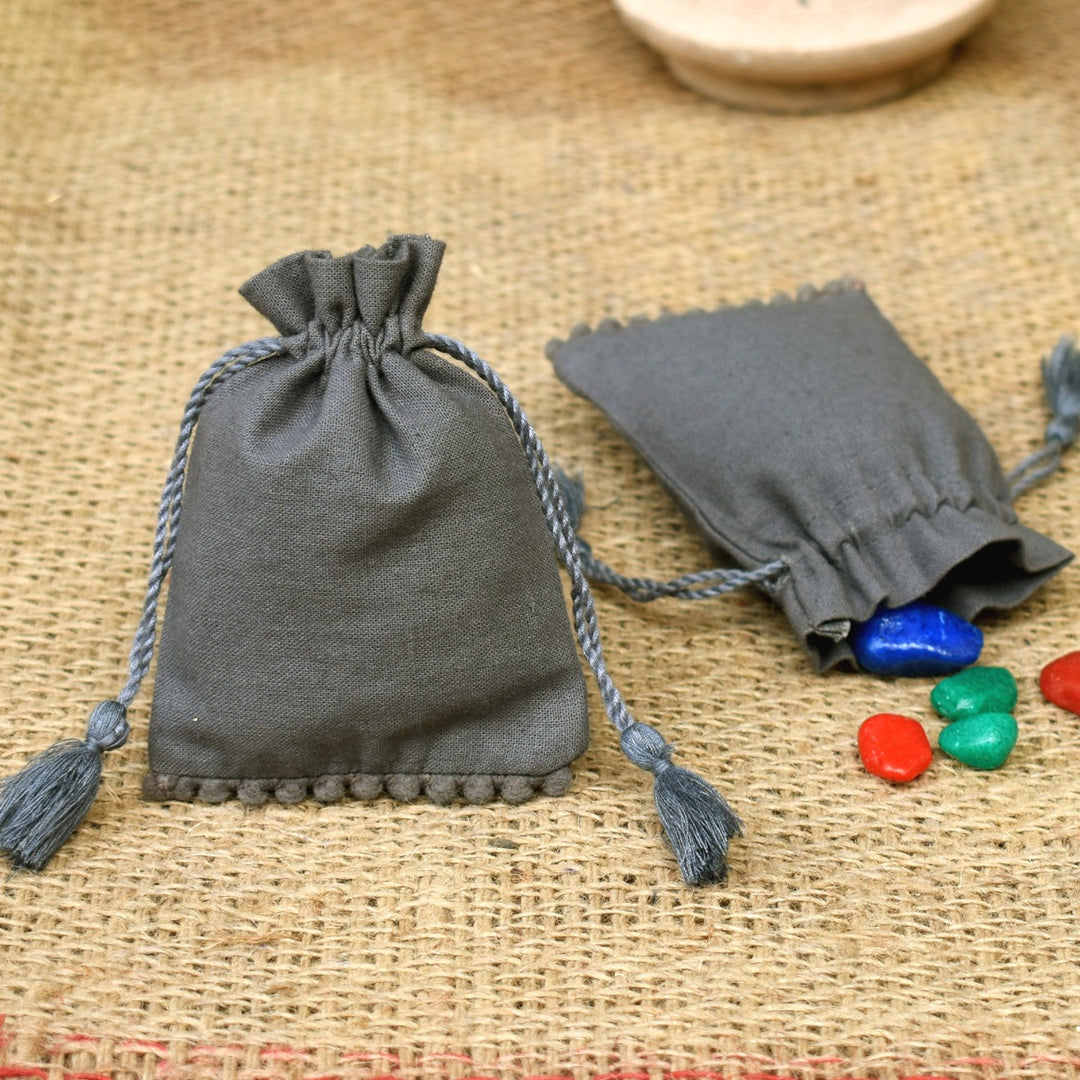 Custom Small Drawstring Pouch, Eco-Friendly Jewelry Bags Small Tassels Bags Bottom PomPom Handmade Jewelry Grey Pouches β CraftJaipur