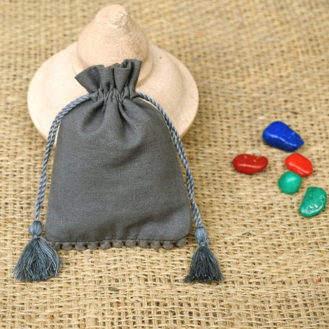 Custom Small Drawstring Pouch, Eco-Friendly Jewelry Bags Small Tassels Bags Bottom PomPom Handmade Jewelry Grey Pouches β CraftJaipur