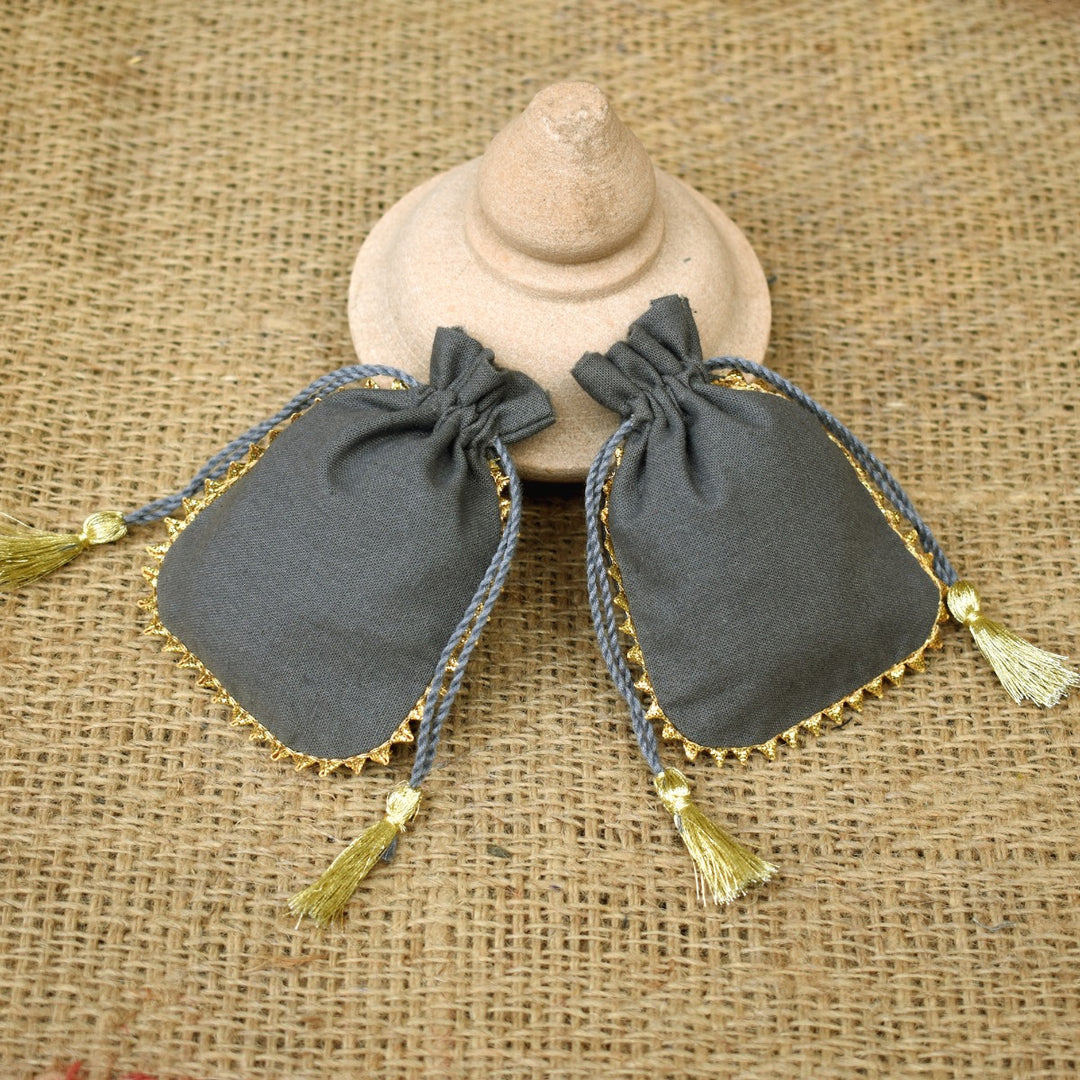 Personalized Logo Small Tassels Bags Round Gold Lace Handmade Jewelry Grey Pouches - CraftJaipur