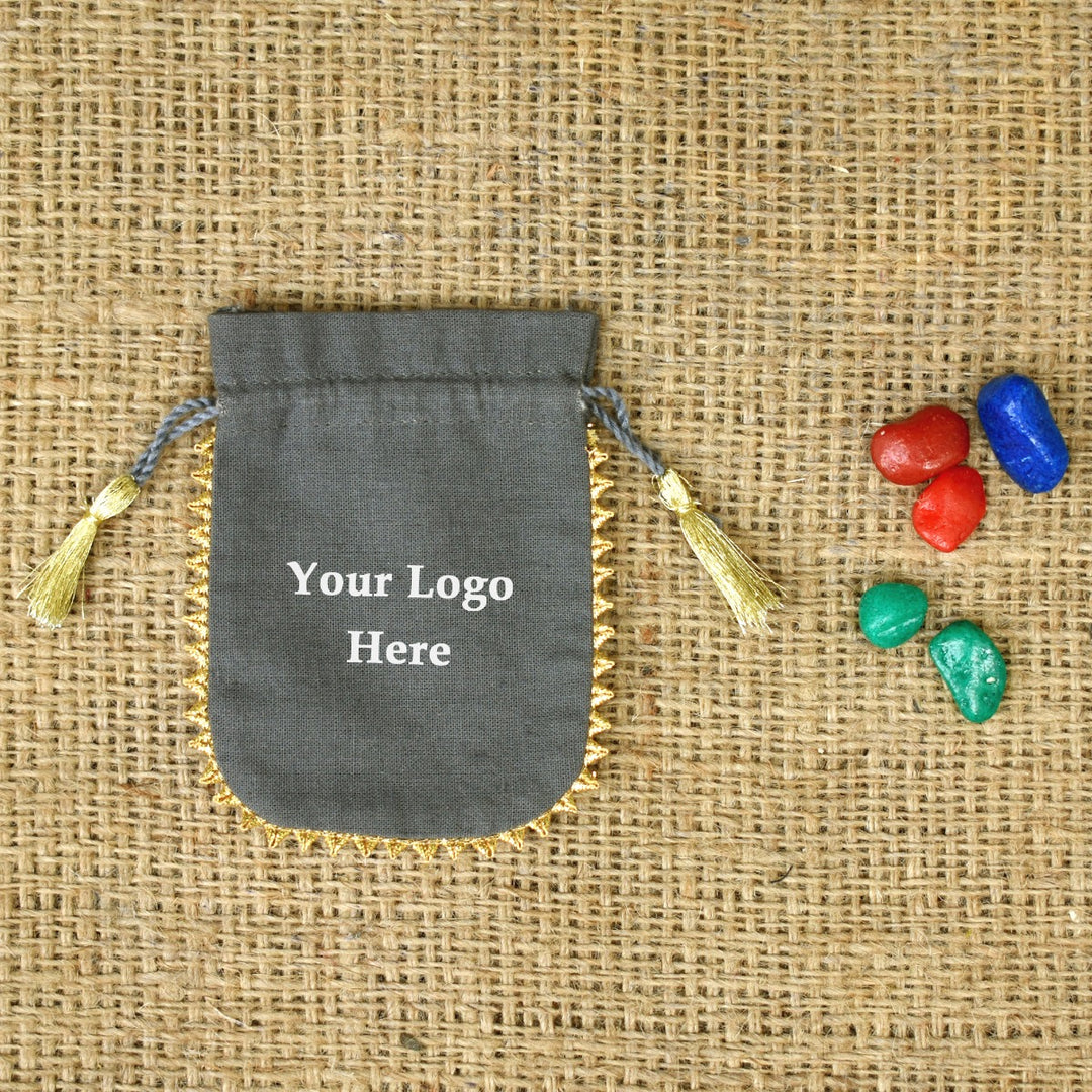 Personalized Logo Small Tassels Bags Round Gold Lace Handmade Jewelry Grey Pouches - CraftJaipur